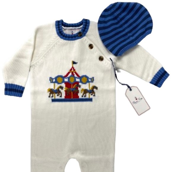Boys Reese Carousel Intarsia Sweater Romper Set Cannoli Cream